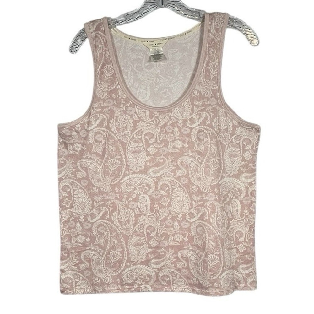 LUCKY‎ BRAND Sz L Women's Tank Top Pink Cream Paisley Floral Coquette Romantic